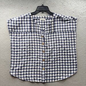 Marketplace Handwork Of India Plaid Blue White Button Up Tunic Top Cotton Size M